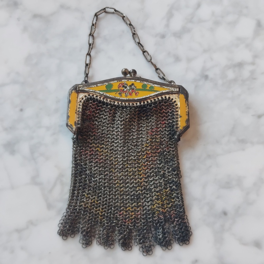 Antique Whiting & Davis 30s Enamel Mesh Coin Purse Art Deco Kiss Lock Chain Bag